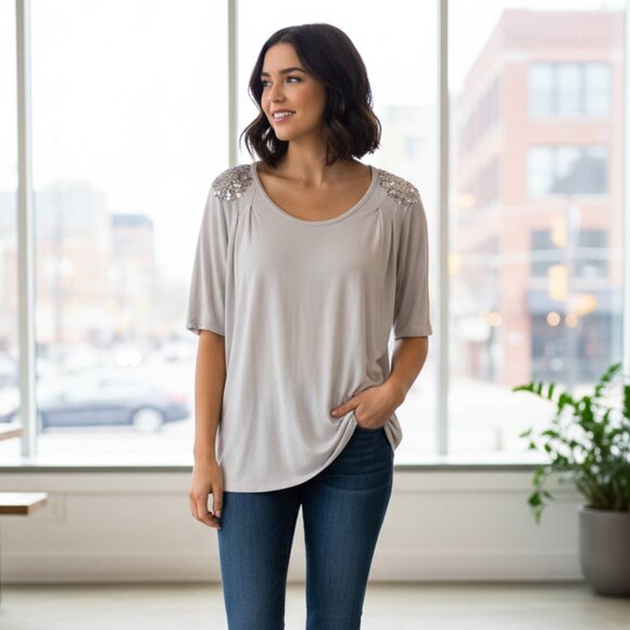 Calvin Klein Women's Embellished Shoulder T-Shirt Short Sleeve Oversized Grey - Picture 1 of 14